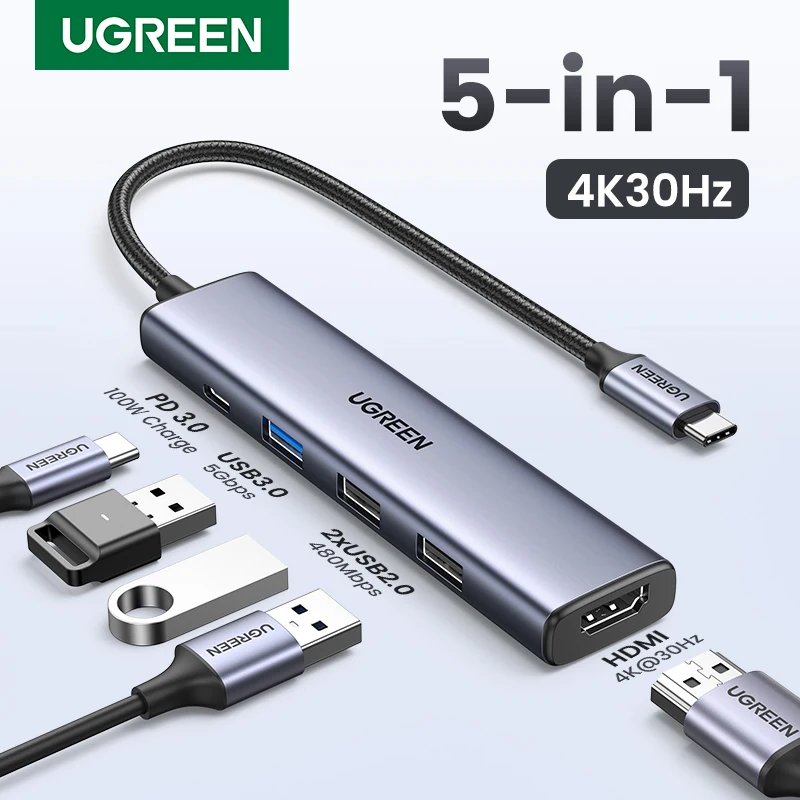 UGREEN 5 en 1 USB C Hub 4K HDMI USB HUB 100W Adaptador multipuerto para MacBook Pro/Air, iPad Pro, iMac, iPhone 15 Pro/Pro Max, XPS