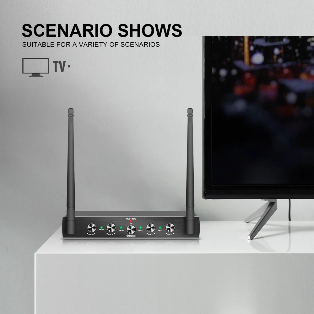 Sistema de micrófono Inalámbrico UHF, 4 canales, AU-400, portátil, y auriculares Lavalier, alcance de 80m, para Karaoke, KTV, Iglesia - imagen 5