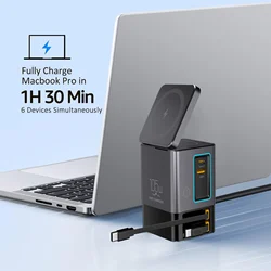 Cargador Escritorio Retráctil 105W – 2 en 1 Inalámbrico, USB-C 65W, LED Ambiental