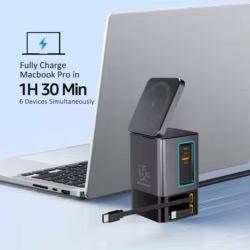 Cargador Escritorio Retráctil 105W – 2 en 1 Inalámbrico, USB-C 65W, LED Ambiental
