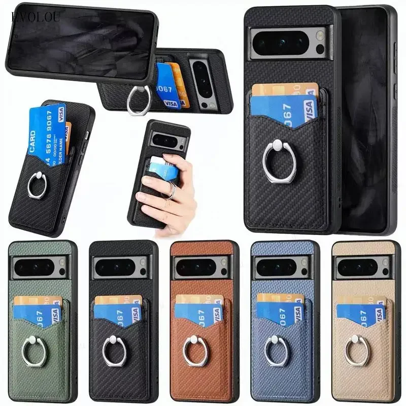 Para Google Pixel 9 Pro XL 9pro funda de teléfono tipo billetera de fibra de carbono para Google Pixel9 Pro XL 8A ranura para tarjeta cubierta de soporte de anillo magnético - imagen 2