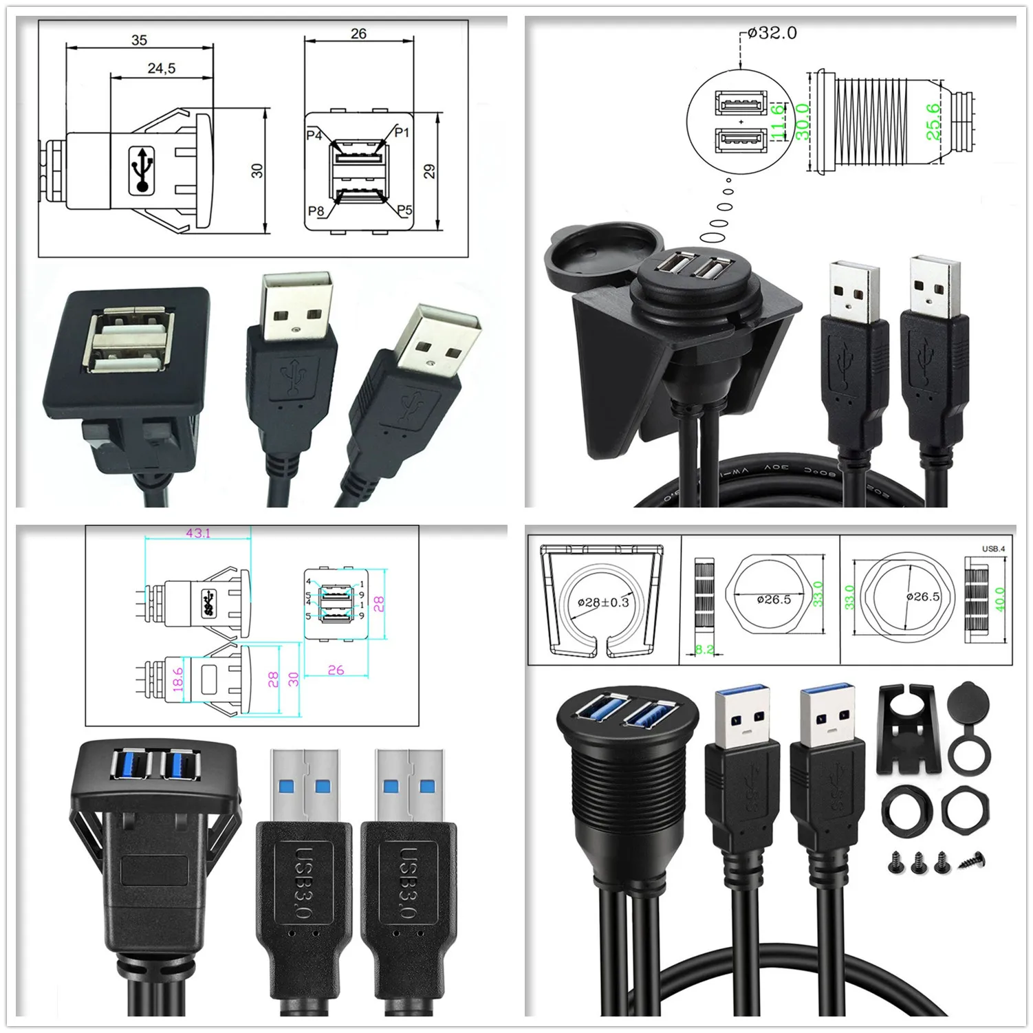 Cable impermeable USB 3,0 Dual para coche, Cable de extensión de montaje fijo roscado USB macho a hembra, para panel de instrumentos, barco, motocicleta