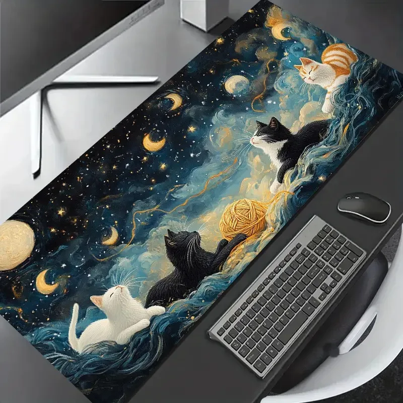 Alfombrilla de ratón con diseño de gato inspirado en la noche estrellada, accesorios de escritorio de PC antideslizantes de goma grande, alfombrilla de ratón para decoración de teclado de oficina y jugadores - imagen 4