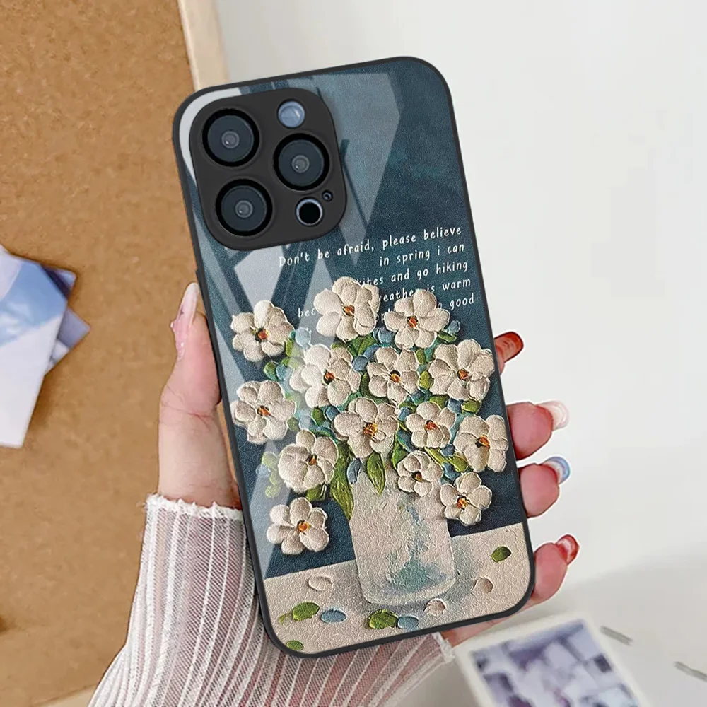 Funda de teléfono con pintura al óleo de flores para iPhone 16 13 17 15 11 12 14 Pro Max 17 Air 16E 8 7 Plus XR SE 2022 2020 cubierta de vidrio templado - imagen 5