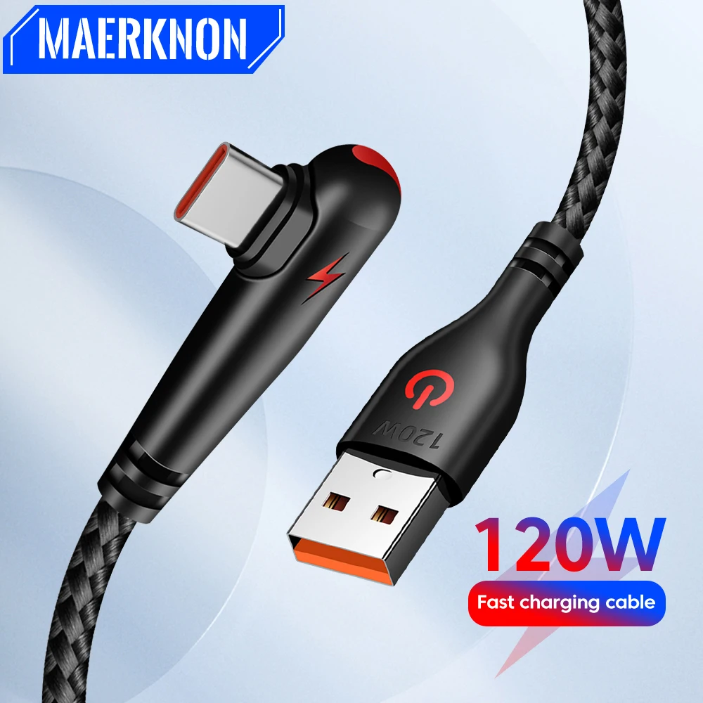 Cable USB tipo C de 120W y 90 grados, Cable de datos para cargador de teléfono de carga rápida 6A para Samsung, Xiaomi, Huawei, Cable de carga rápida USB C