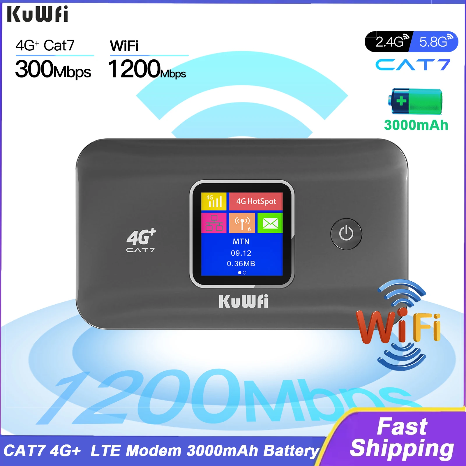 KuWFi CAT7 4G + enrutador móvil 1200Mbps 2,4G/5G velocidad WiFi inalámbrica módem 4G portátil batería de 3000mAh Plug and Play compatible con 10 usuarios