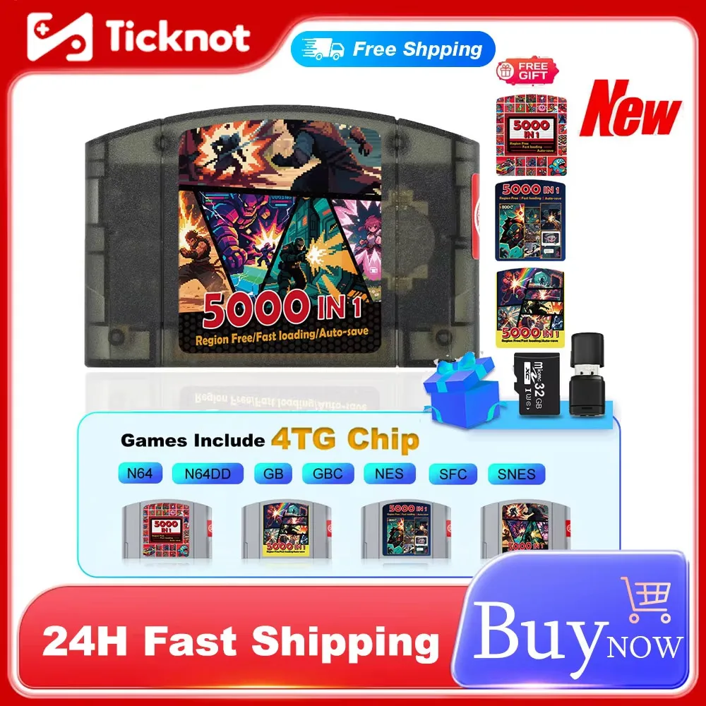 Carro de juegos para consola Nintendo 64, cartucho de juego N64 con tarjeta TF de 32GB, casete de juegos 5000 en 1, sin restricción de regiones