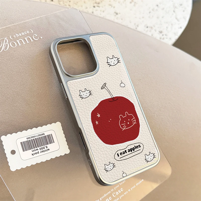 Funda de teléfono con textura de cuero con patrón de manzana ins cat eat para iPhone11/12/13/14/15/16/60 Pro Max AIR PLUS - imagen 5