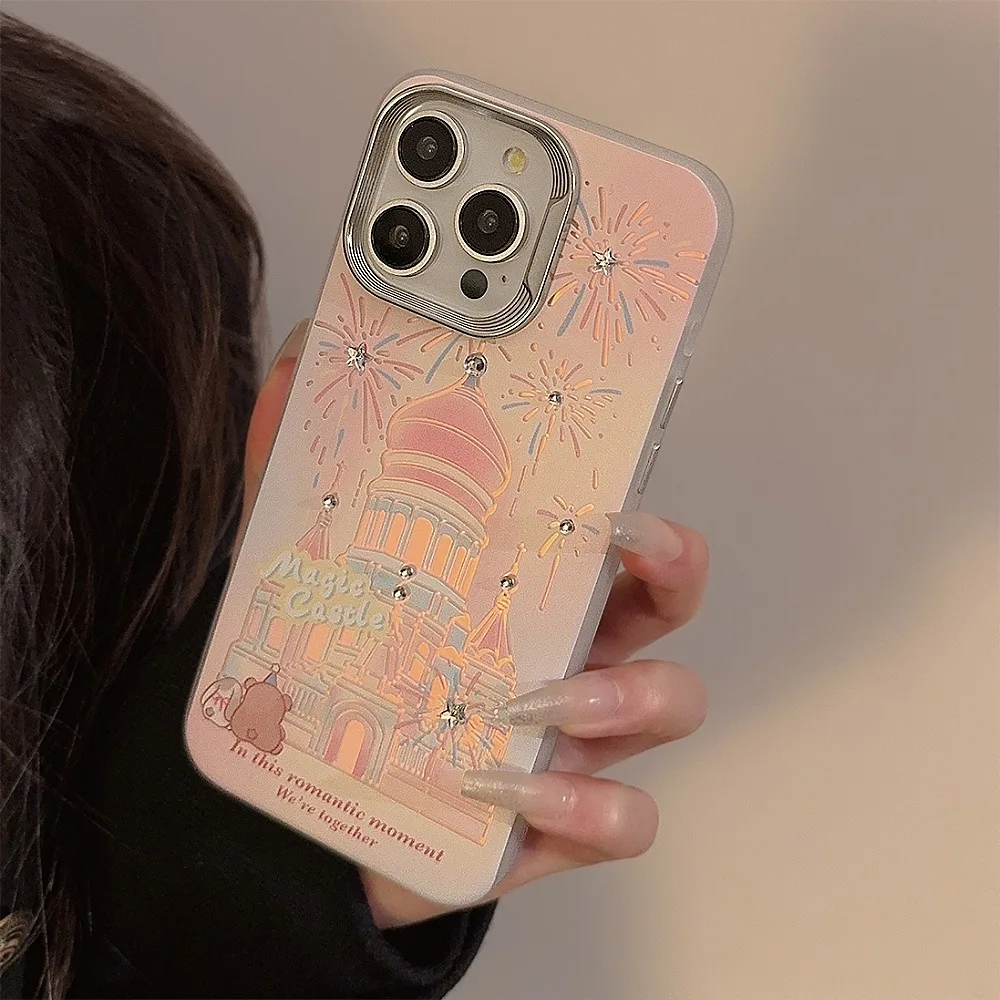 Funda de teléfono con diseño de castillo de fuegos artificiales románticos con cordón para iPhone 16 15 14 11 13 12 Pro Max Plus, funda de teléfono de cuento de hadas de princesa - imagen 4