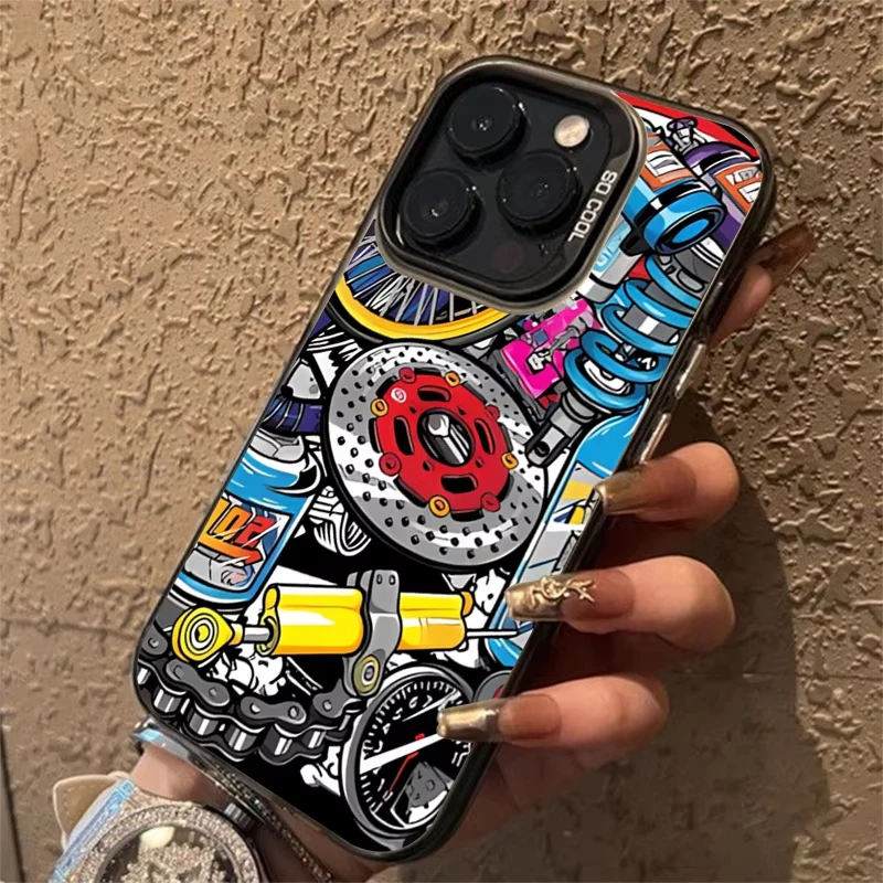 Patrón de engranaje mecánico galvanizado plata IMD funda de teléfono para iPhone 11 12 13 14 15 16 Pro Max 16E 7 8 Plus X XS XR SE2 cubierta - imagen 3