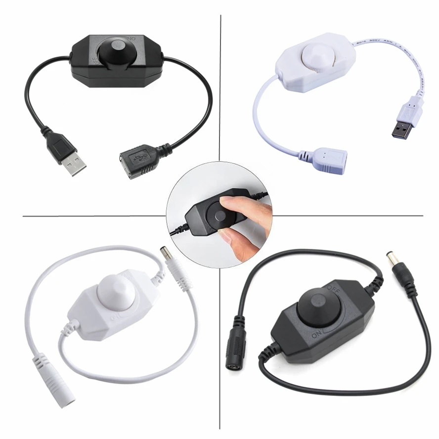 Regulador de intensidad con perilla LED de 5V/12V y 24V, cable de extensión USB hembra a macho con controlador giratorio de encendido y apagado, tiras de luces blancas y negras