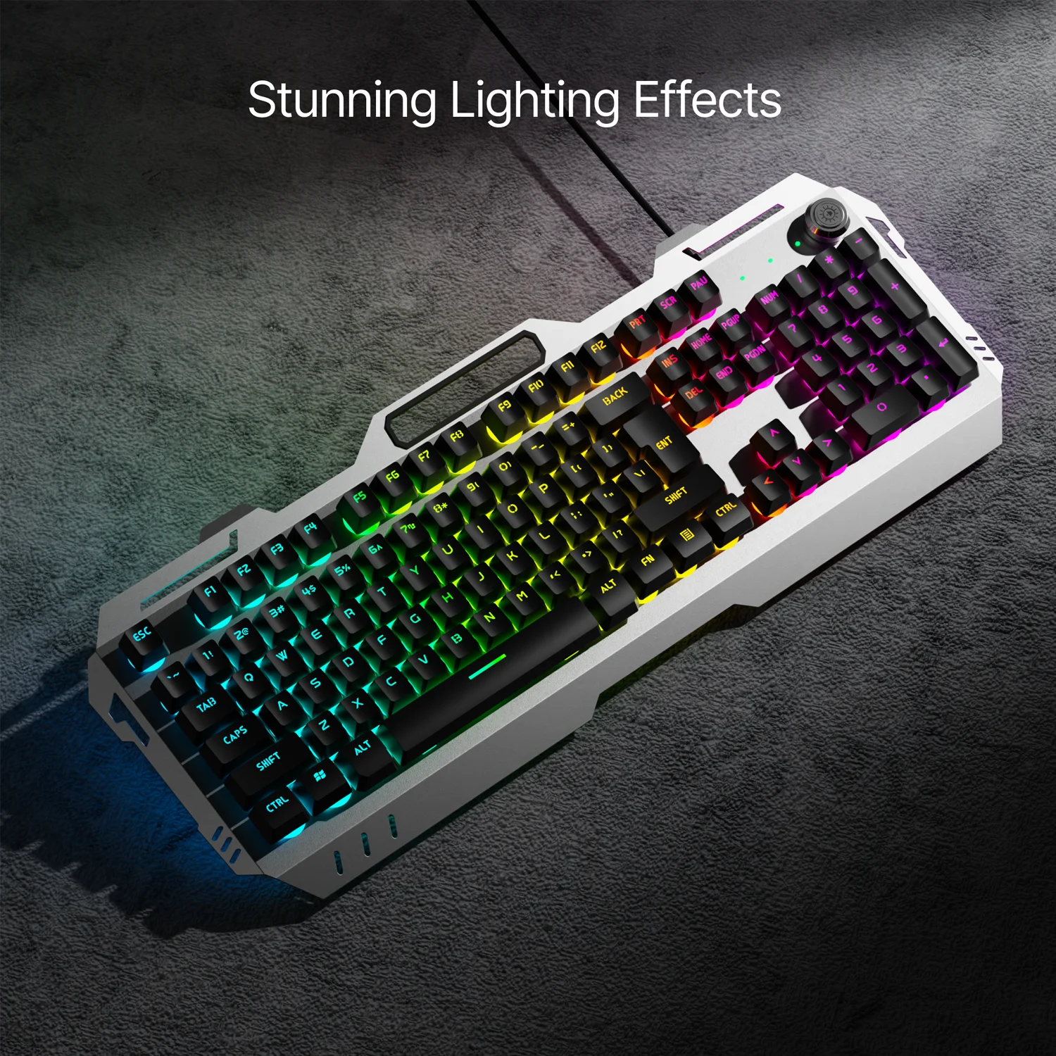 EWEADN Teclado para juegos silencioso, 104 teclas retroiluminadas con LED, panel totalmente metálico con cable USB, perilla multimedia, oficina, hogar, computadora portátil/escritorio - imagen 3