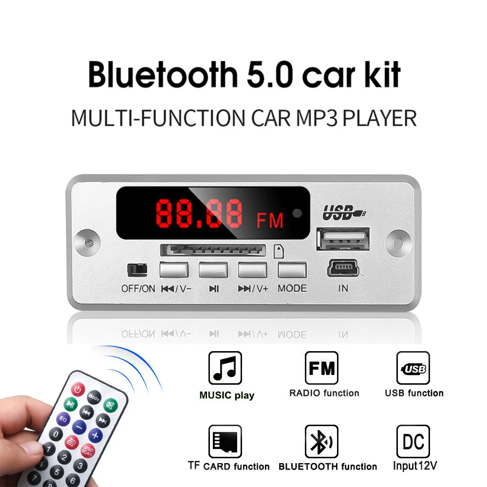 Módulo de placa de decodificación estéreo MP3 Bluetooth V5.0, reproductor de MP3 USB inalámbrico, ranura para tarjeta TF, USB, FM, control remoto para altavoz de coche y teléfono