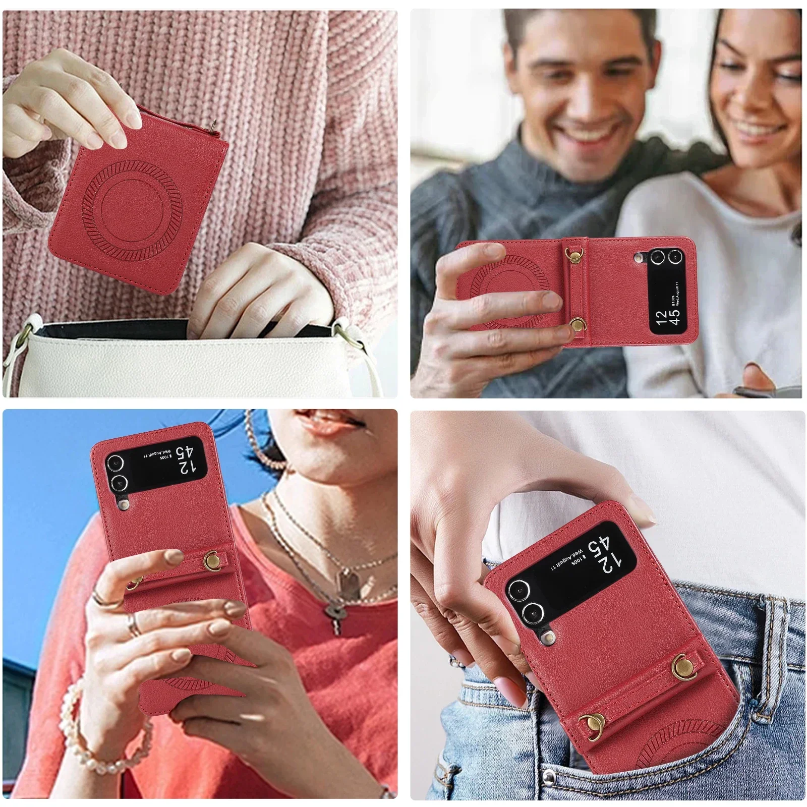 Funda de cuero magnética con carga inalámbrica cruzada para Samsung Galaxy Z Flip 6 5 4 3 Flip5 cordón de cuerda larga para funda Magsafe - imagen 5