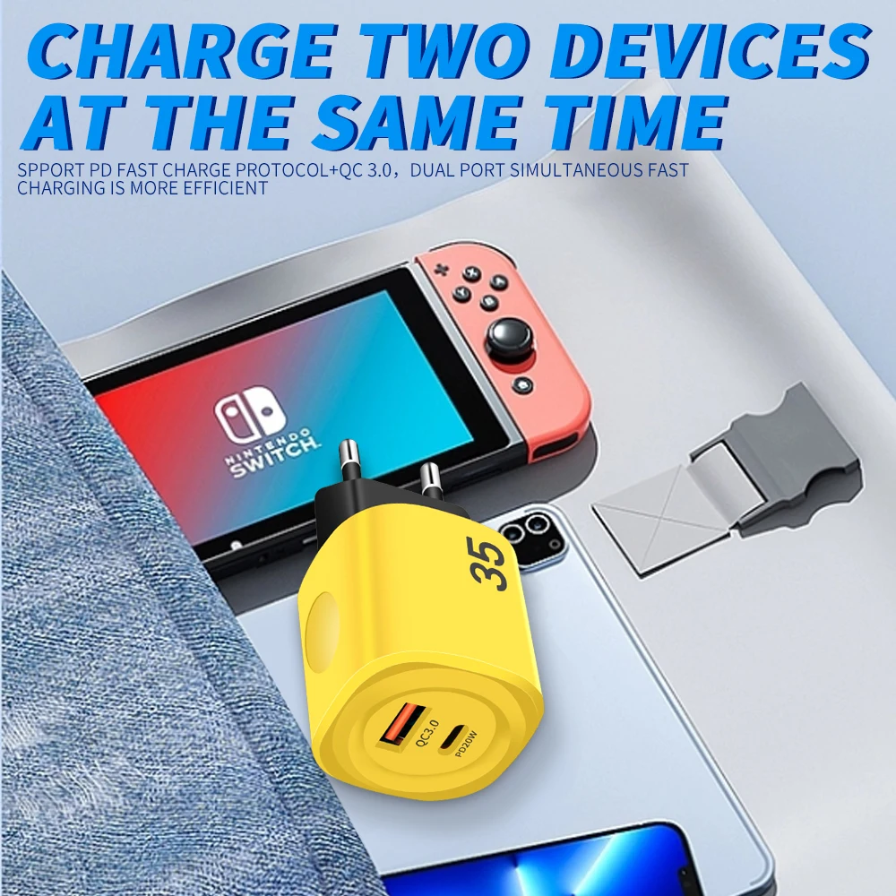 Cargador USB PD de 35W con dos puertos, cargador de pared de carga rápida tipo C para iPhone, Samsung, Xiaomi, Cable tipo C a tipo C - imagen 2