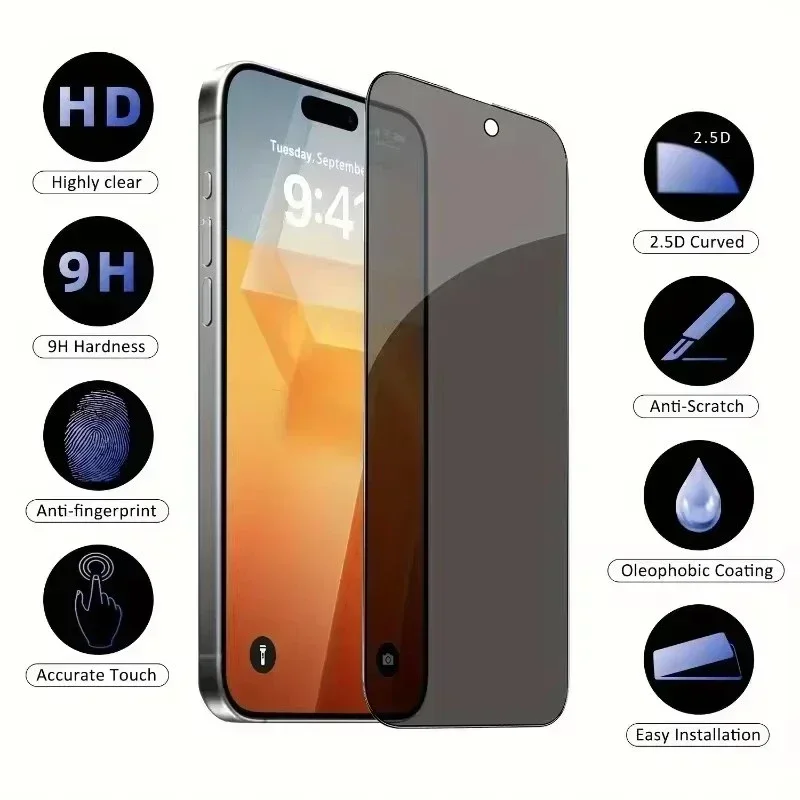 Protector de pantalla de privacidad de cubierta completa de 5 uds para iPhone 16 11 12 13 14 Pro Max Mini 8K vidrio antiespía para iPhone 15 17 PRO XR XS MAX - imagen 4