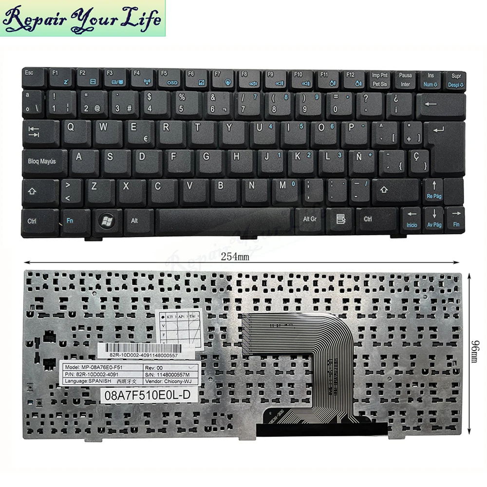 Teclado español para ordenador portátil Exo B10 LN10 MP-08A76E0-F51 82R-10D002-4091 SP ES España teclados/Teclado sin retroiluminación - imagen 5