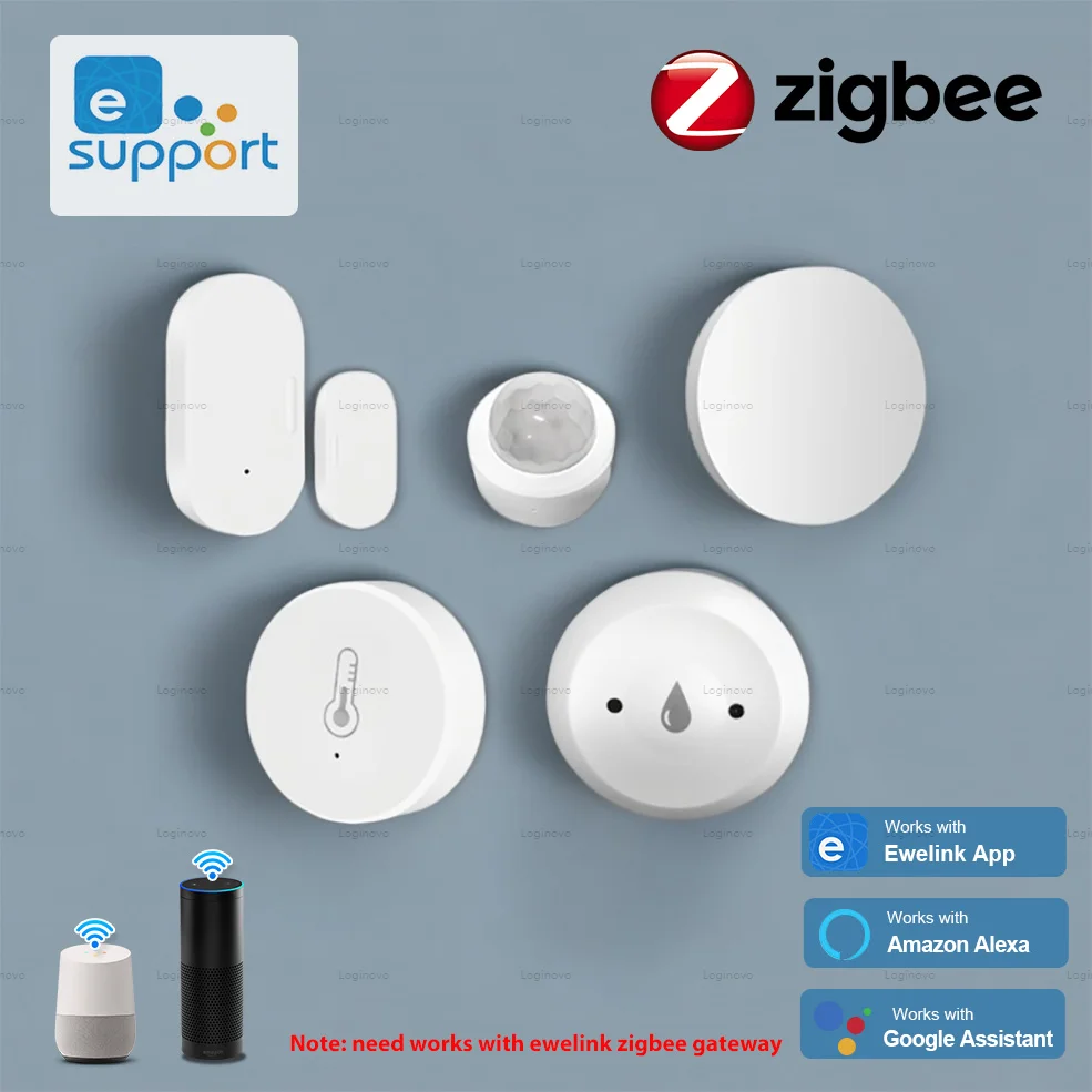 Sensor de ventana de puerta Zigbee, Sensor de movimiento PIR, botón de temperatura y humedad, interruptor de escena Compatible con Ewelink Alexa Google