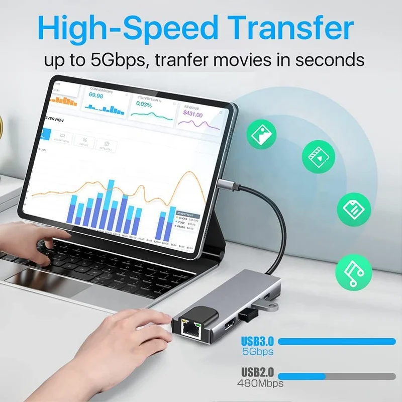 Adaptador HDMI 5 en 1 4K USB-C USB C Hub tipo C a HDMI 4K USB 3,0 2,0 1000Mbps Gigabit Ethernet PD convertidor adaptador de concentrador de carga - imagen 4