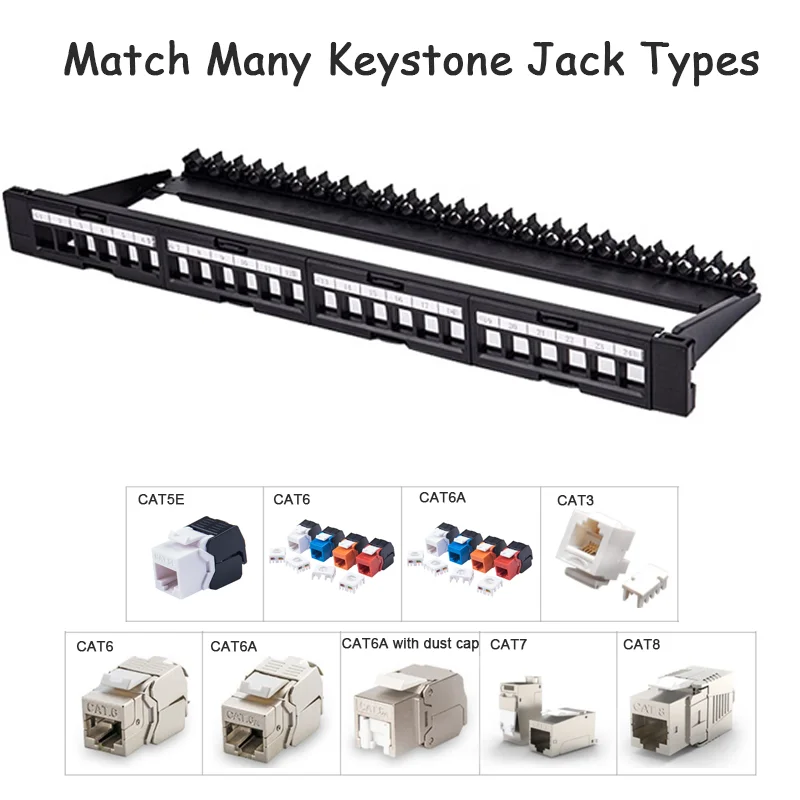 Panel de conexión de red Linkwylan en blanco 1U 24 puertos extraíbles para Keystone estándar RJ45 con barra administradora de cables y con campo de etiquetas - imagen 4