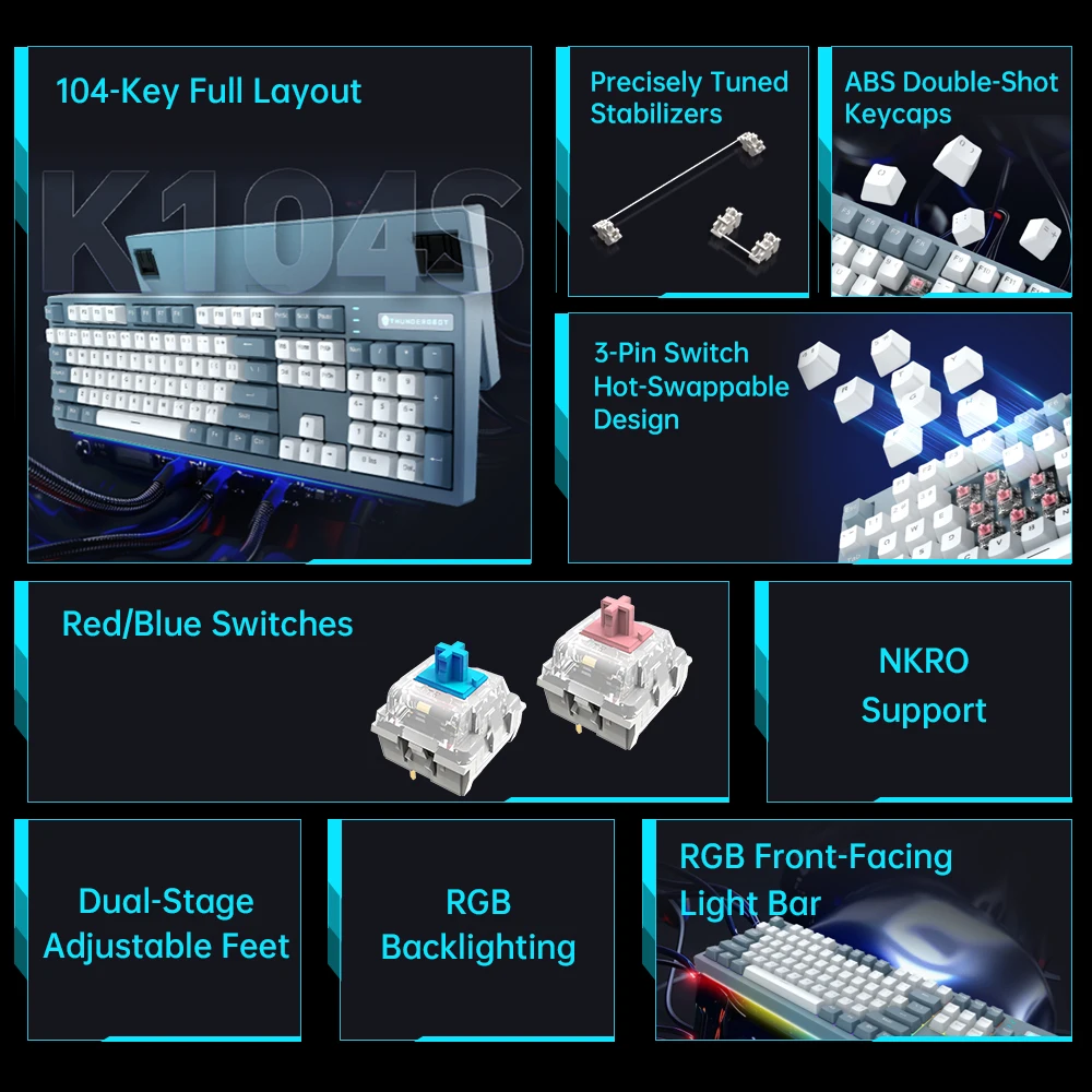 Thunderobot K104S Teclado Mecánico Gamer Alámbrico Tamaño Completo 104 Teclas, Retroiluminación RGB, Teclas ABS - Para PC, Laptop y Juegos de Alto Rendimiento - imagen 5
