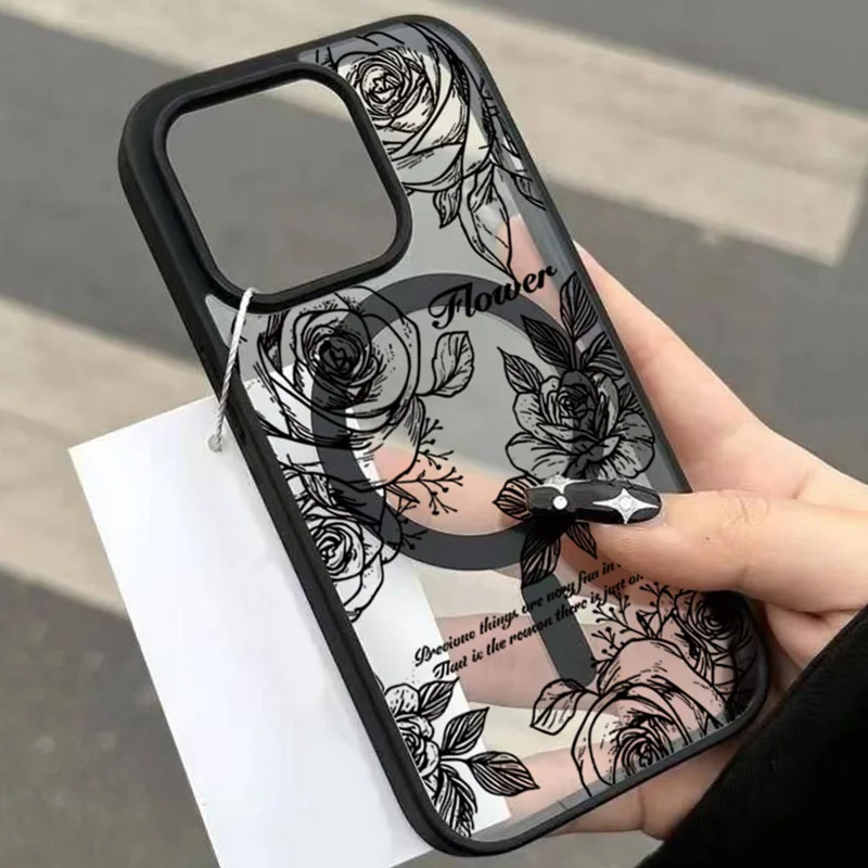 Funda de teléfono suave Circular magnética integrada Ultra transparente Floral para iPhone 17 Pro Max 16 15 14 Plus 13 12 11 cubierta transparente de aire