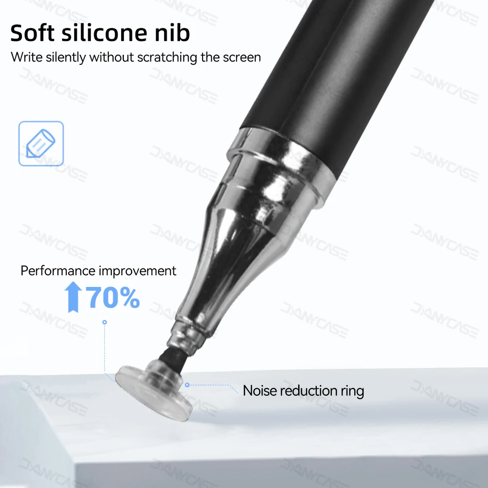 Un bolígrafo negro con una punta blanca y un anillo de reducción de ruido