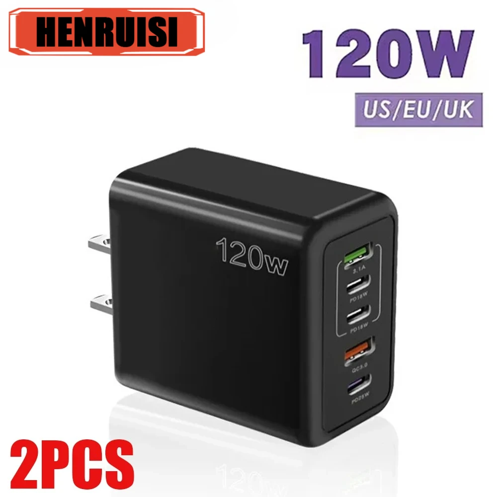 Cargador USB C de 120W, 2 uds., 5 puertos, adaptador de pared de teléfono de carga rápida para iPhone, Samsung, Xiaomi, Huawei, enchufe de UE/EE. UU./Reino Unido, cargador rápido