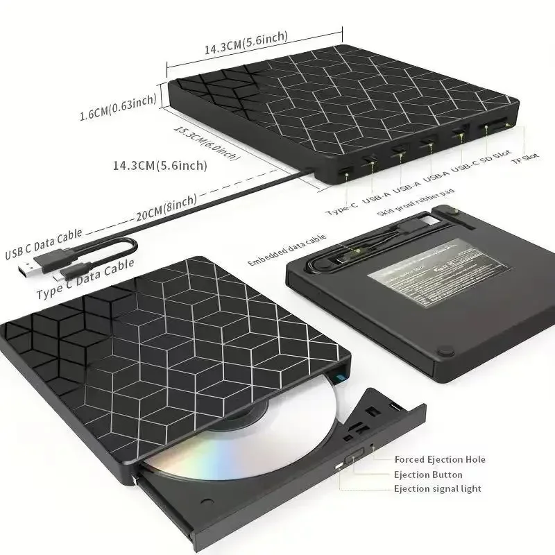 Unidad de CD/DVD externa 7 en 1 USB 3,0 tipo C, lector de grabadora, unidad óptica, reproductor de DVD, grabadora de CD para ordenador, portátil y de escritorio - imagen 5