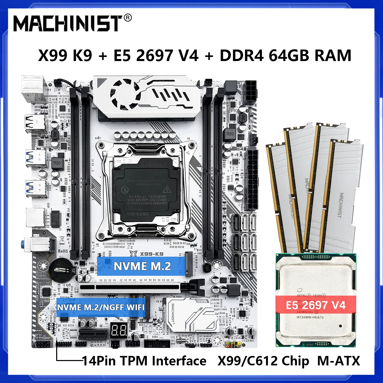 Combo de placa base MACHINIST X99 K9 con procesador Intel Xeon E5 2697 V4 LGA 2011-3 DDR4 64GB de memoria compatible con módulo TPM2.0