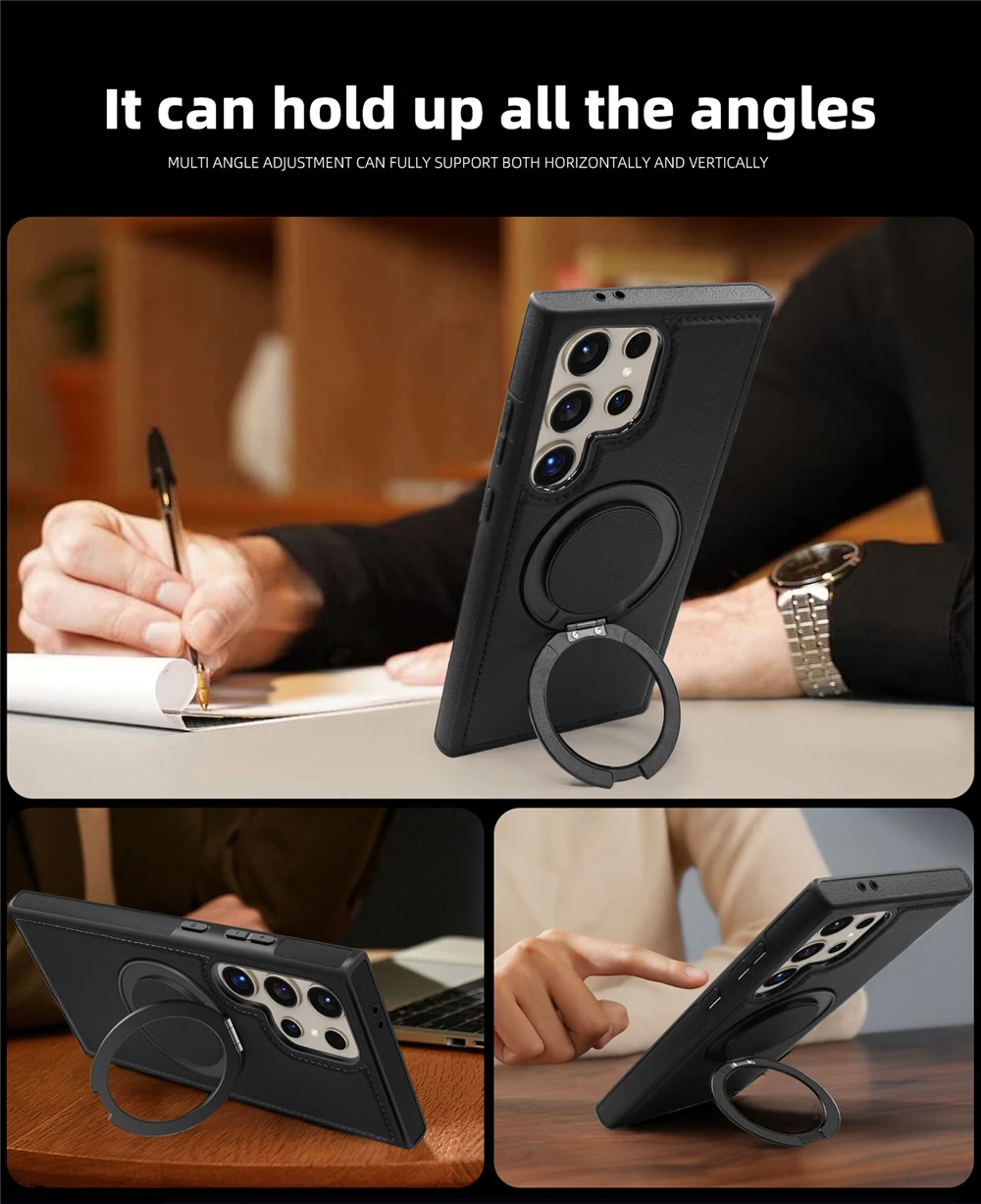 Funda de teléfono de cuero completo de lujo para Magsafe Samsung S24 Ultra S23 S22 Ultra Plus, soporte de Metal giratorio magnético, cubierta trasera con soporte - imagen 5
