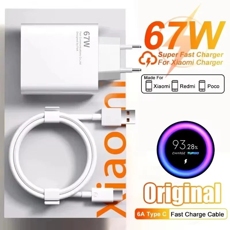Cargador de pared rápido 6A 67W para Xiaomi 10 11 12 Lite 13T Redmi Note 10S 11T 12T 13 Pro POCO Turbo carga tipo C Cable de carga USB