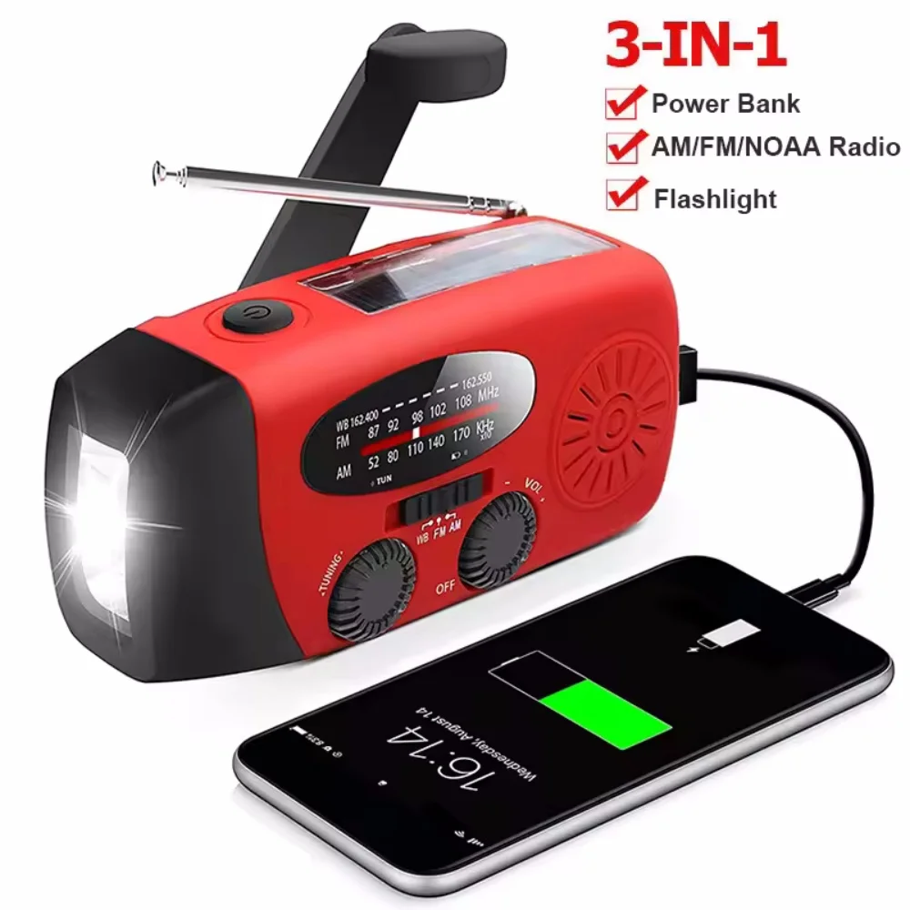 Radio Solar multifuncional con manivela, linterna LED de emergencia con carga USB, 2000mAh, FM, AM, WB, NOAA