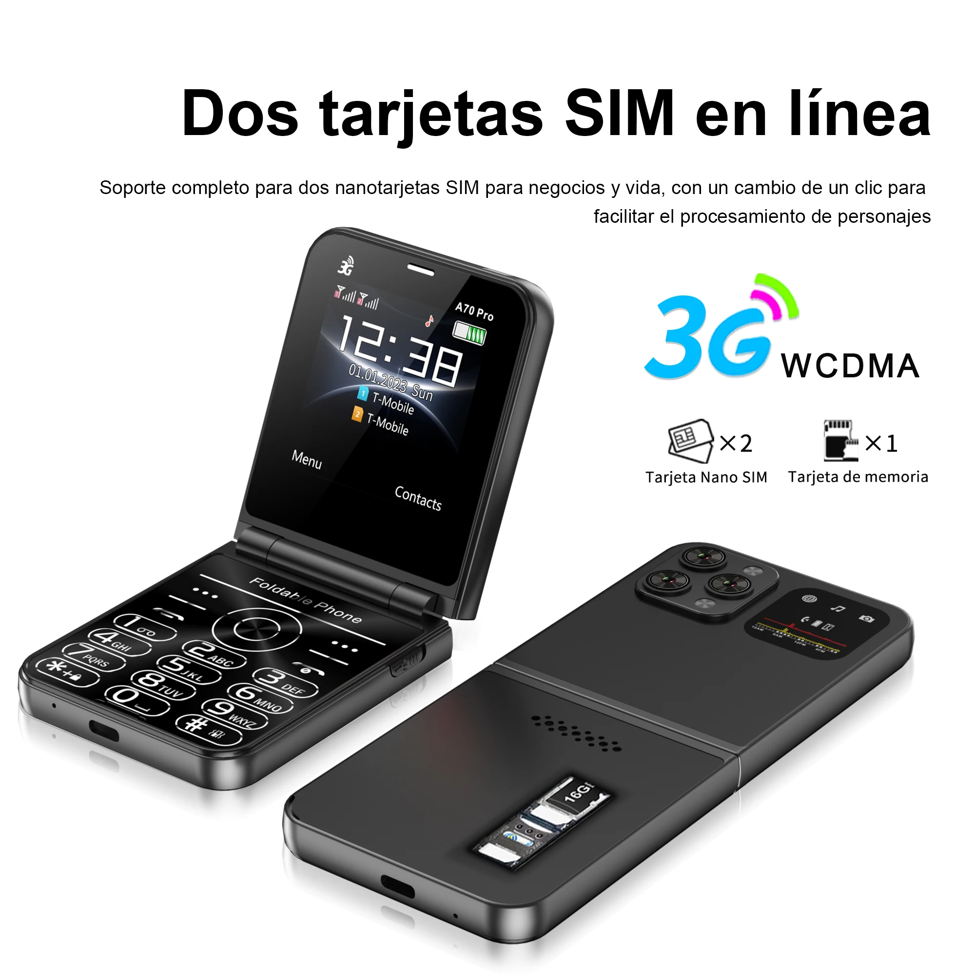 SERVO A70 Pro 3G WCDMA Flip teléfono móvil 2 SIM grabación de llamadas en espera linterna velocidad Dial FM botón Clamshell teléfono móvil tipo C - imagen 2