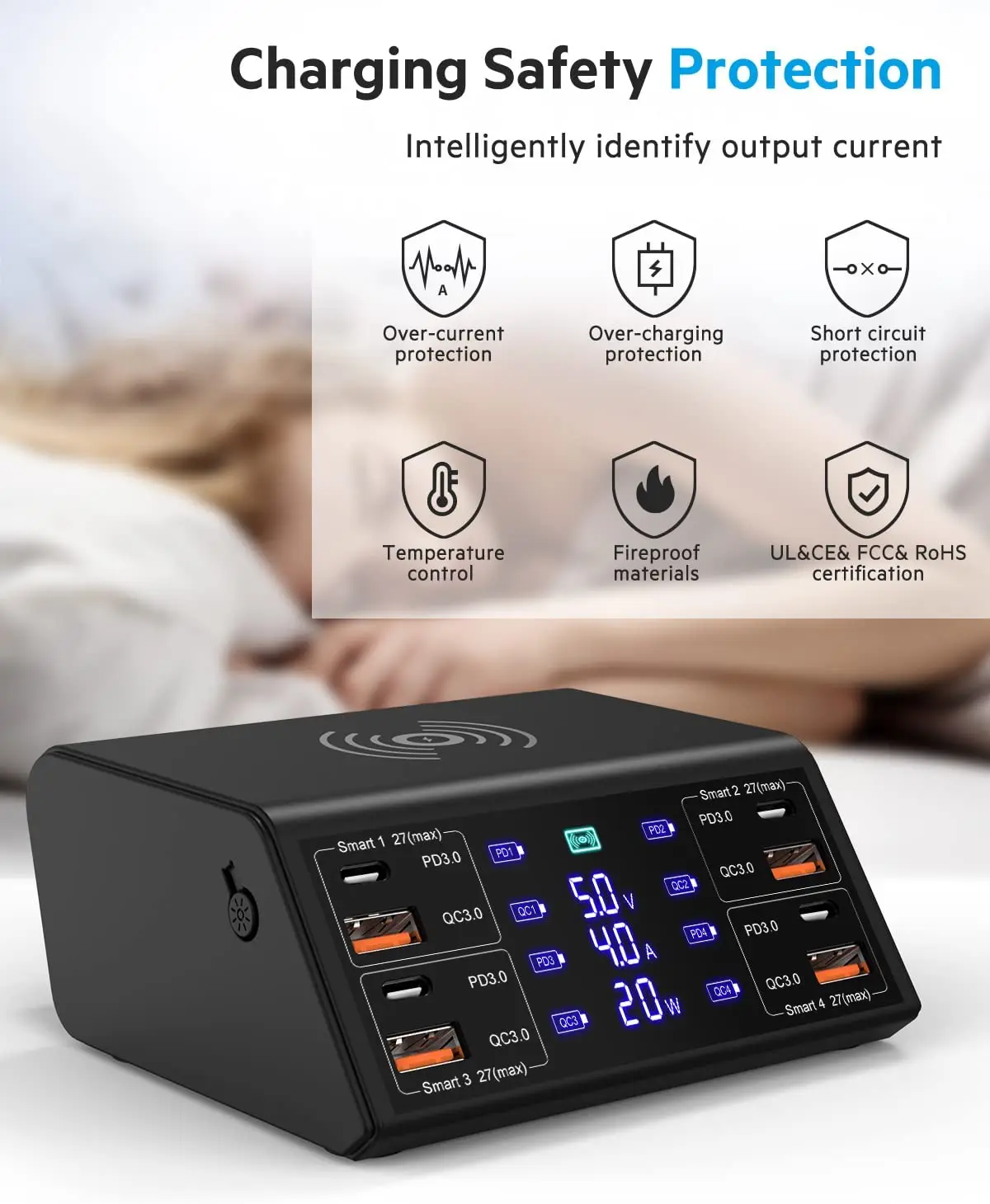 Estación de carga USB de 100W y 8 puertos con pantalla Digital de carga inalámbrica QC3.0 carga rápida para iPhone 15 14 13 Xiaomi - imagen 5