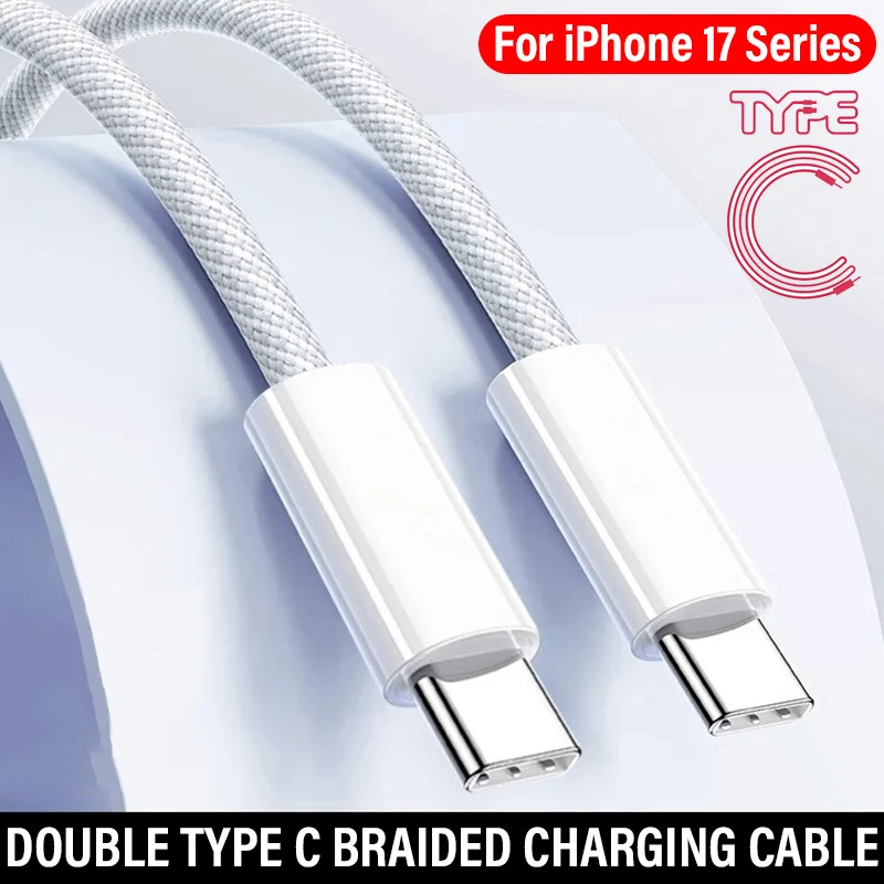 Cable trenzado doble tipo C de 100W, línea de carga rápida para iPhone 17 Air Pro MAX USB-C, Cable cargador de Cable de datos de carga rápida