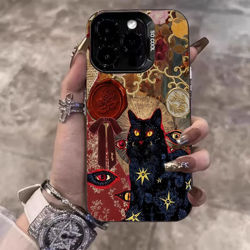 Funda de teléfono plateada electrochapada con estampado de leopardo y gato negro para Xiaomi Redmi Note 14 13 12 11 10 Pro Plus 12S 11S Redmi 15C 14C