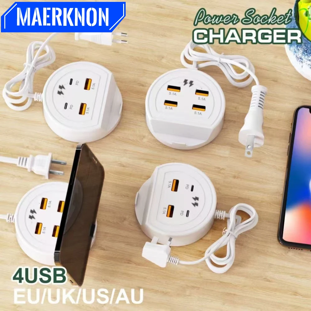Cargador USB multipuerto 5.1A, toma de corriente de teléfono tipo C de carga rápida para iPhone, Samsung, Xiaomi, cargador de pared rápido con soporte para teléfono