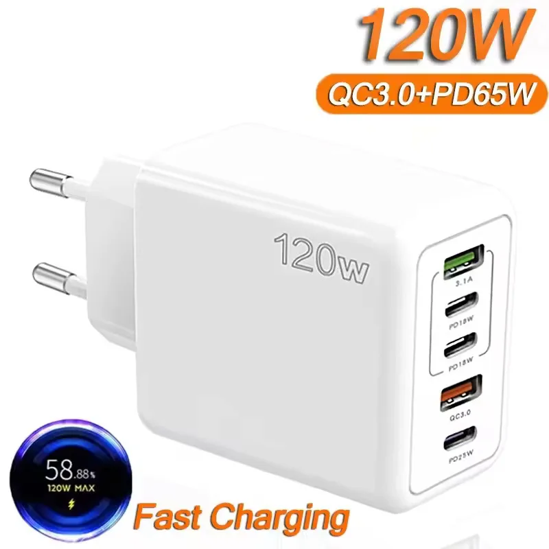 Cargador rápido de 120W, 5 puertos USB C PD, adaptador de teléfono de pared de carga rápida 3,0 para iPhone 16, 15, 14, Samsung, Xiaomi, enchufe UE/EE. UU./Reino Unido