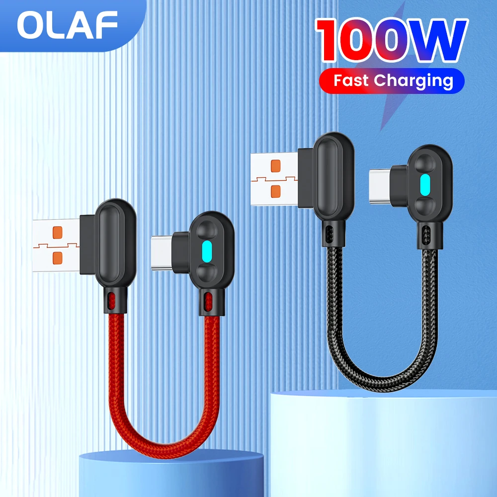 Olaf 0.25M 1M 2M Cable de carga rápida 100W Tipo C Cable corto 90 °   Codo doble para banco de energía Huawei Xiaomi Cable USB A a USB C