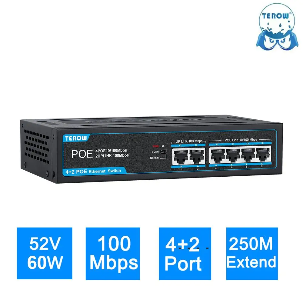 TEROW POE Switch 4 POE + 2 UpLink 100Mbps red Ethernet rápida 250M VLAN serie de aislamiento, conexión de alimentación para cámara IP/AP inalámbrico