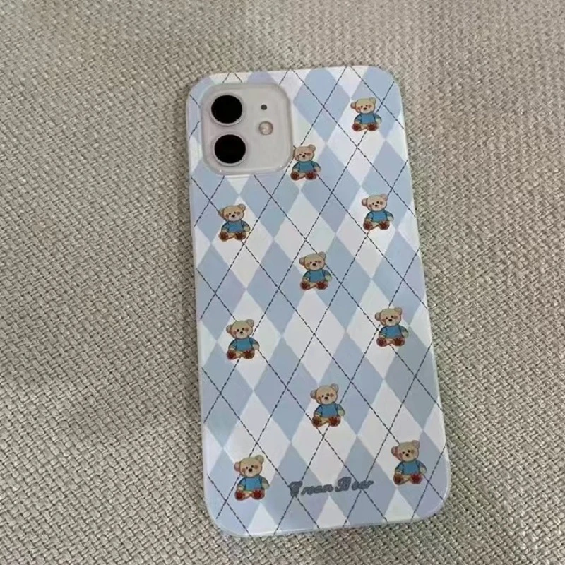 Funda de teléfono a cuadros azules con bonito oso para iPhone 16 15 14 13 12 11 Pro Max XS XR XSMax 6 7 8 Plus, funda dura HD brillante para PC - imagen 4