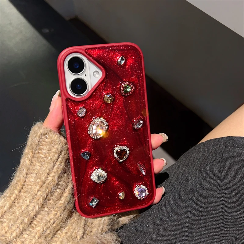 Funda de teléfono Diamond con diamantes de imitación y purpurina de lujo a la moda para iPhone 16 Pro Max 15 13 14 12 11 contraportada de silicona roja