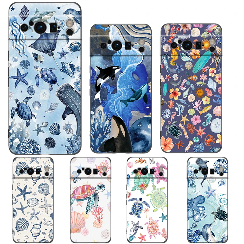 Funda de teléfono con tema Ocean Life para Google Pixel 10 9 8 7 6 Pro XL 9A 8A 6A 7A 5G, funda negra de TPU suave a prueba de golpes