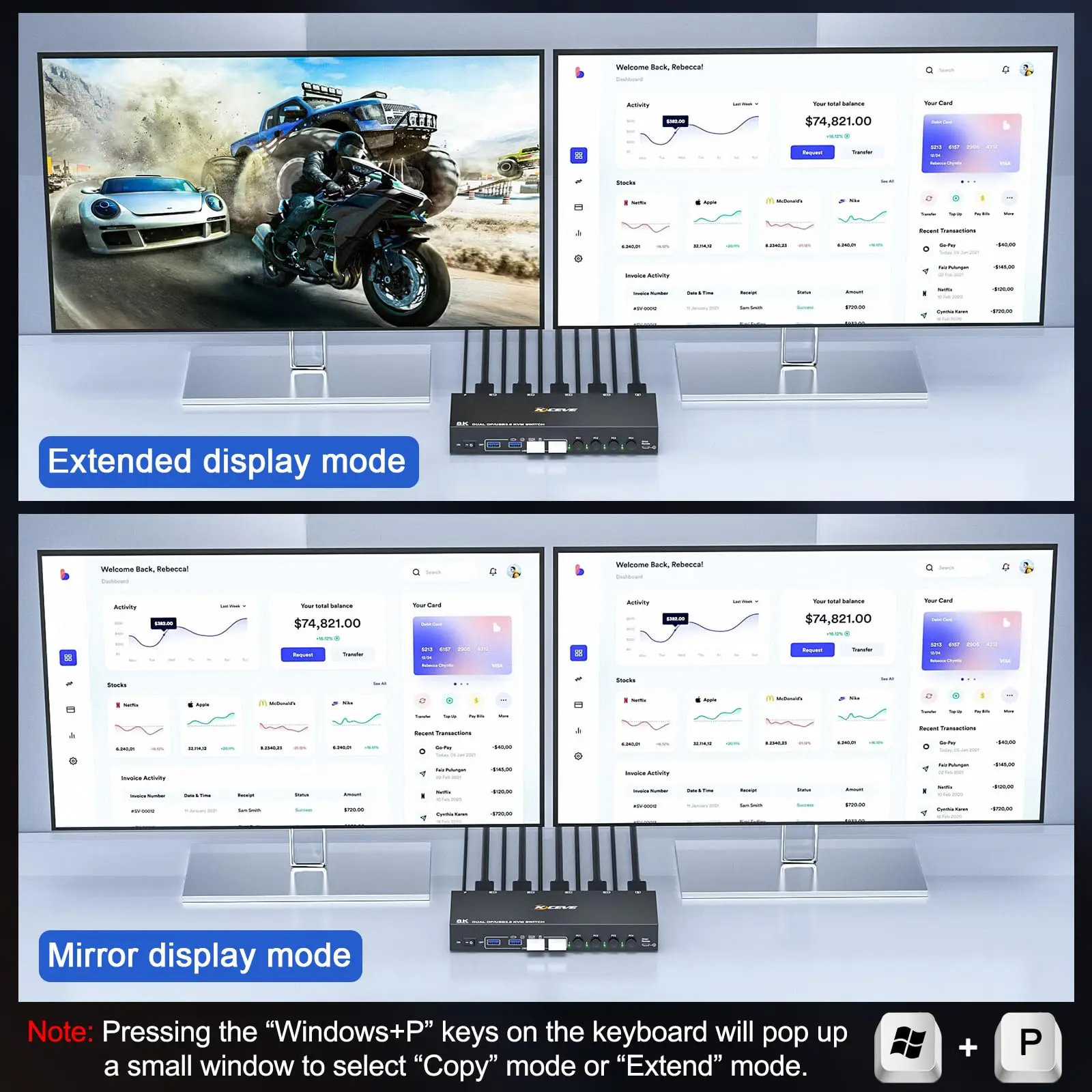 Conmutador KVM 4 ordenadores 2 monitores, monitores duales Conmutador KVM Displayport USB 3.0 compatible con 4K @ 60Hz para teclado y ratón compartido de 4 piezas - imagen 3