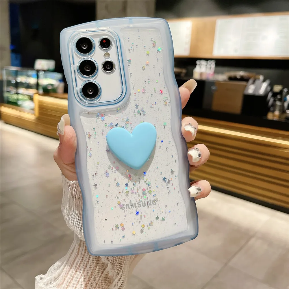 Cute 3D Heart Cover For Samsung S24 Ultra S23 Plus S22 S21 S20 FE Note 20 Soft Silicon Sequin Glitter Wavy Edge Phone Case Shell - imagen 5