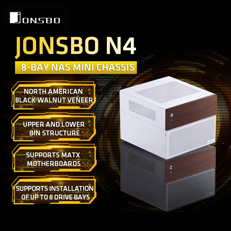 Josbo N4 Multi-bay MINI NAS chasis aleación de aluminio soporte 6 HDD SFX fuente de alimentación MATX placa base diseño silencioso embellecedor de nogal