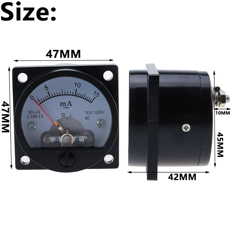 1 pieza 2,5 precisión DC 0-100mA amperímetro SO-45 clase medidor de panel analógico redondo negro 1 pieza 2,5 precisión DC0-10mA 0-100mA amperímetro - imagen 3
