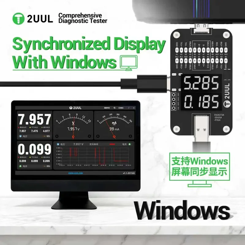 Probador de diagnóstico integral de puerto tipo C 2UUL PW32 con detección de carga en tiempo Real para probador rápido de reparación de teléfonos móviles - imagen 4