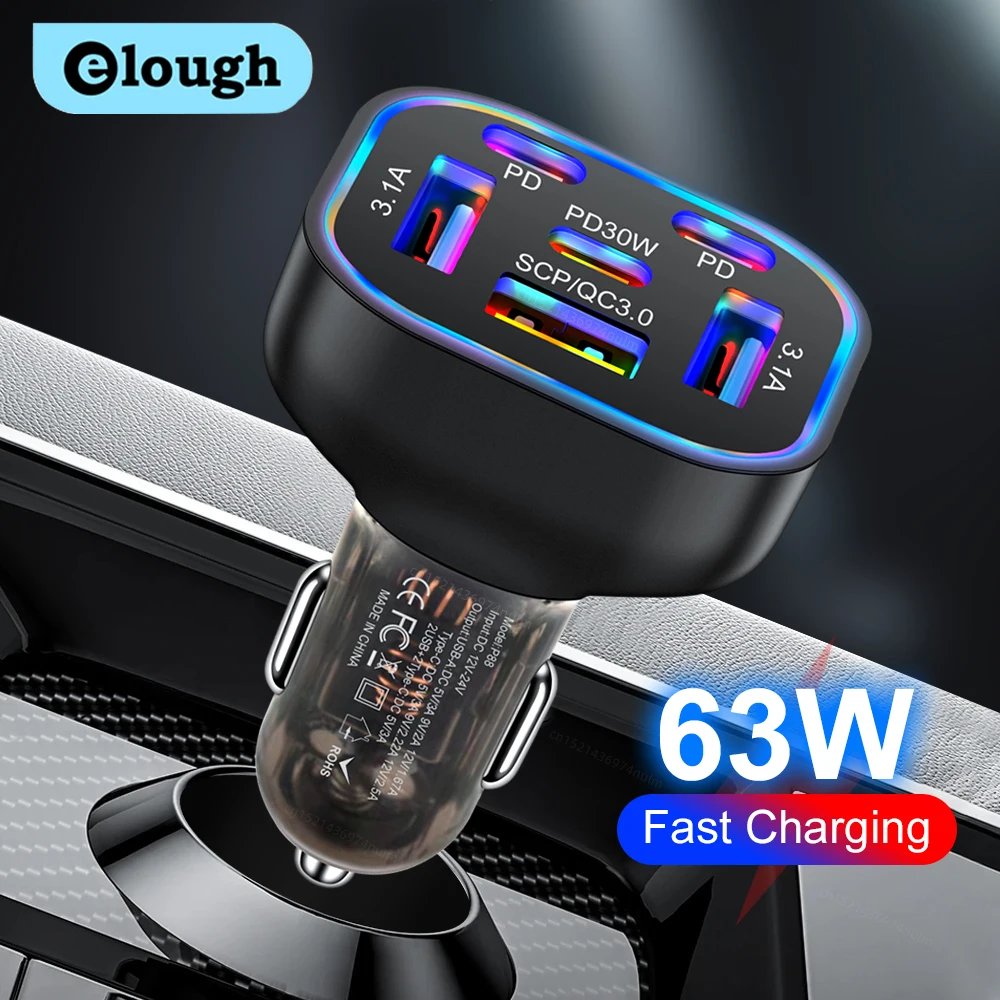 Cargador de coche USB de 63W, encendedor de carga rápida QC3.0 para iPhone, 6 puertos PD 3,0 tipo C, cargador de teléfono para coche para Xiaomi, Samsung y Huawei